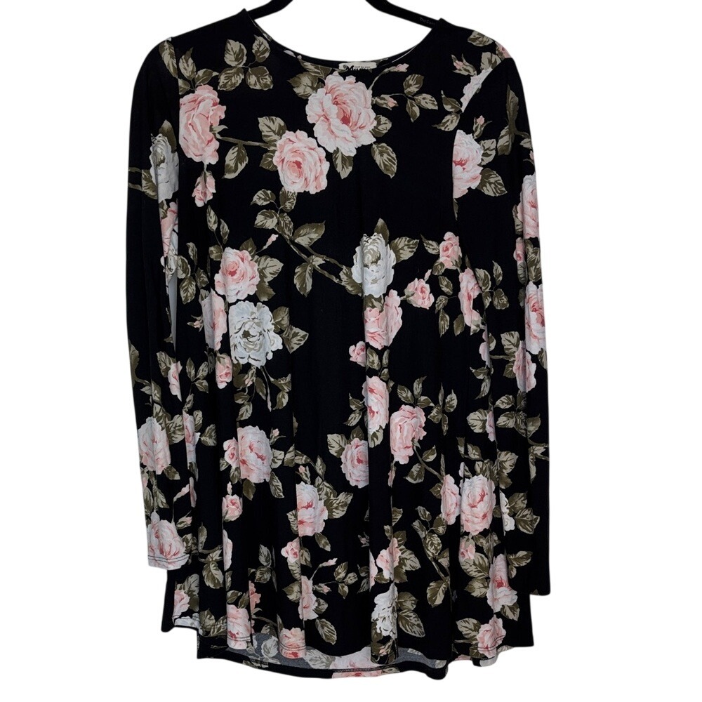 Show Me Your Mumu Floral Long Sleeve Tunic Top Black Pink Roses S